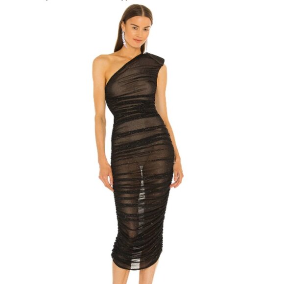BRONX AND BANCO MAYA NOIR ONE SHOULDER MIDI DRESS